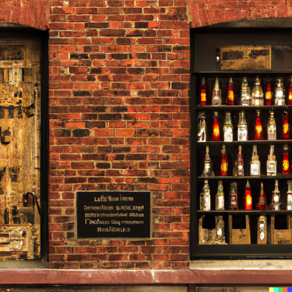 Wines and Spirits vintage brick exterior in deep wine red and gold. Busy city background. Entrance beckons with alluring displays of diverse bottles